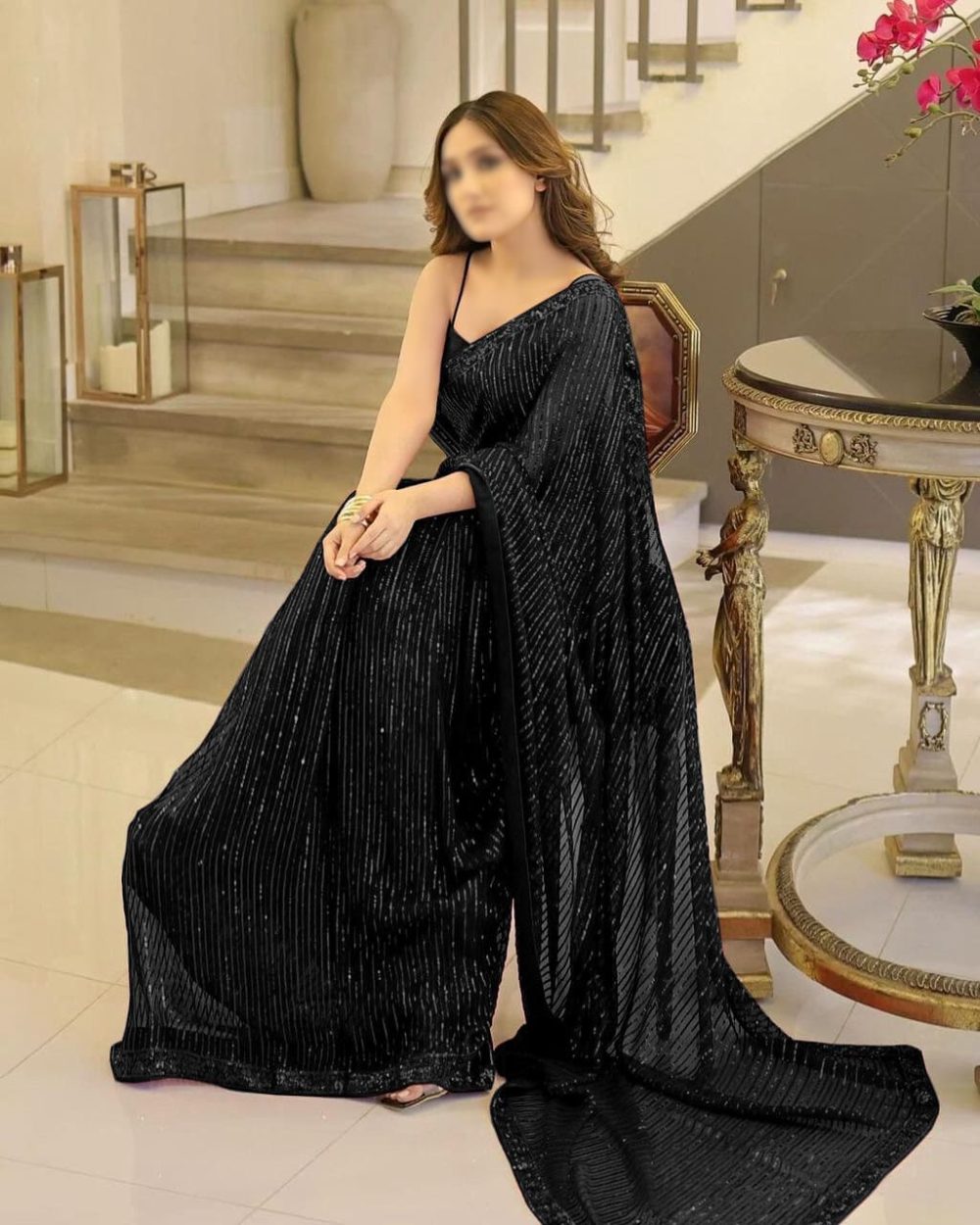 Aiza Black Semi-Pure Chiffon Embroidered Saree - Image 2