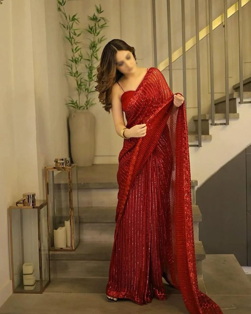 Aiza maroon semi-pure chiffon embroidered saree with shamos silk blouse, sleeves, and soft trouser – wedding and party wear
