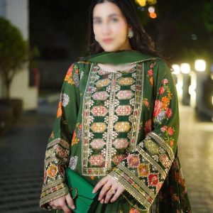 Aneela Green 3pc Silk Unstitched Embroidered Suit