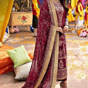 Asim Jofa Unstitched Maroon Chiffon Replica Suit with Malai Trouser