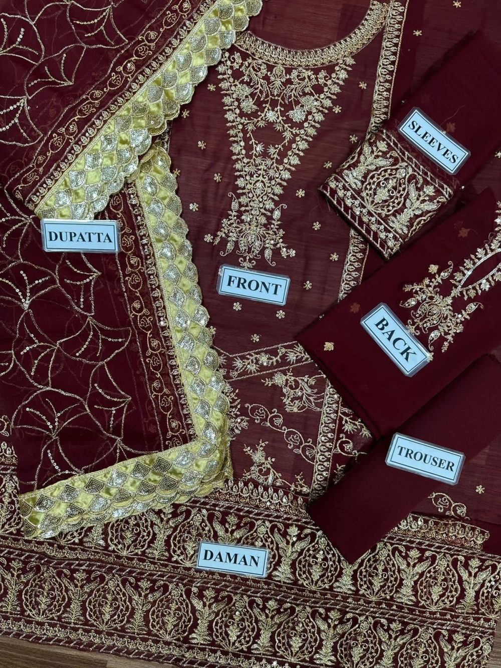Asim Jofa – Unstitched Maroon Chiffon Replica Suit with Malai Trouser - Image 3