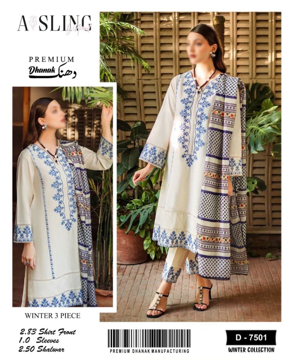 Asling Luxury Winter Collection 3pc Embroidered Dhanak Suit Code 7501