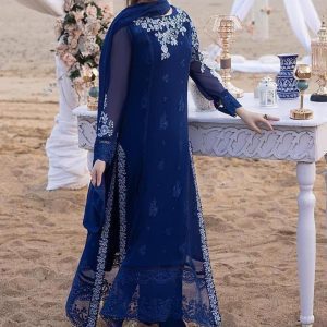 Azure Blue embroidered chiffon suit with 3D sleeves, embroidered dupatta, and malai trouser for weddings and parties