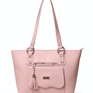 Elegant pink ladies handbag with tassel charm and golden rings