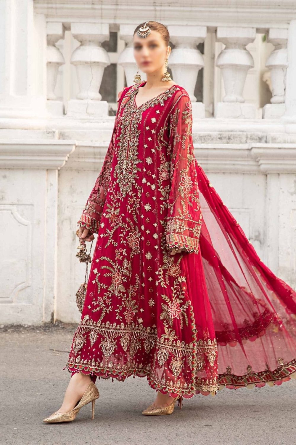 Embroidered Chiffon Wedding Suit with Silk Trouser - Image 2