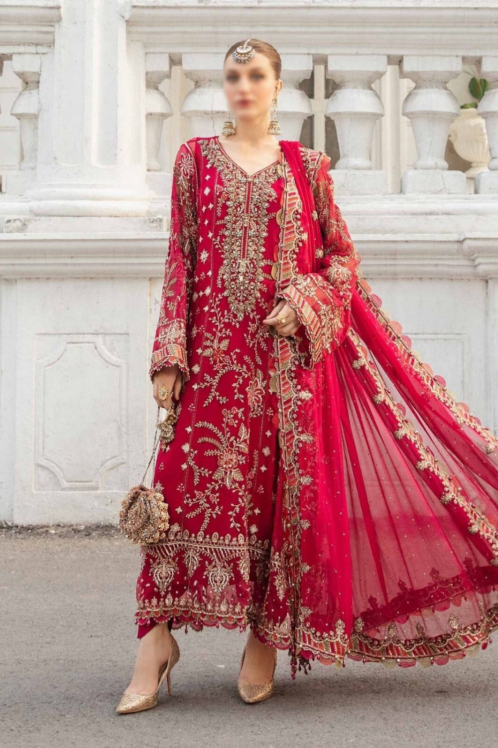 Embroidered chiffon wedding suit with sequins, silk trouser, and ready-to-wear dupatta