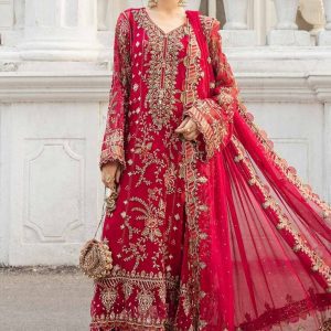 Embroidered chiffon wedding suit with sequins, silk trouser, and ready-to-wear dupatta