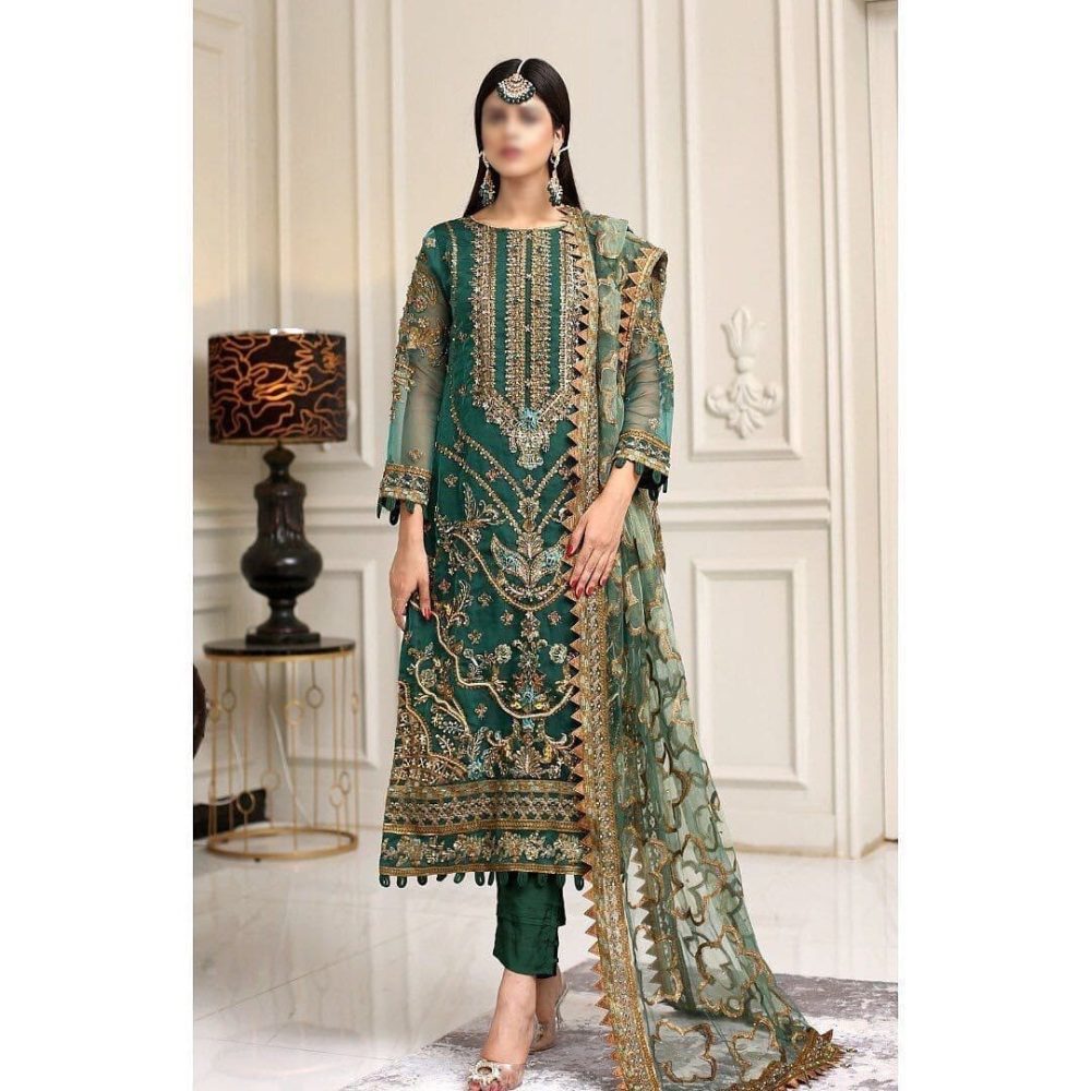 Embroidered organza wedding suit with sequins, silk trouser, and net dupatta