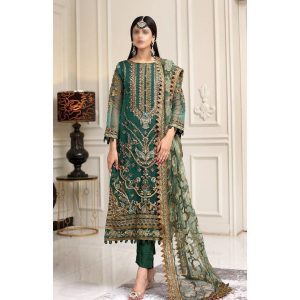 Embroidered organza wedding suit with sequins, silk trouser, and net dupatta