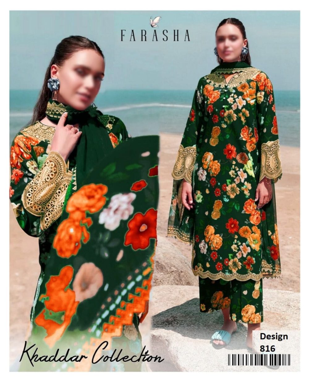 Farasha Green 3 Piece Digital Printed Khaddar Suit