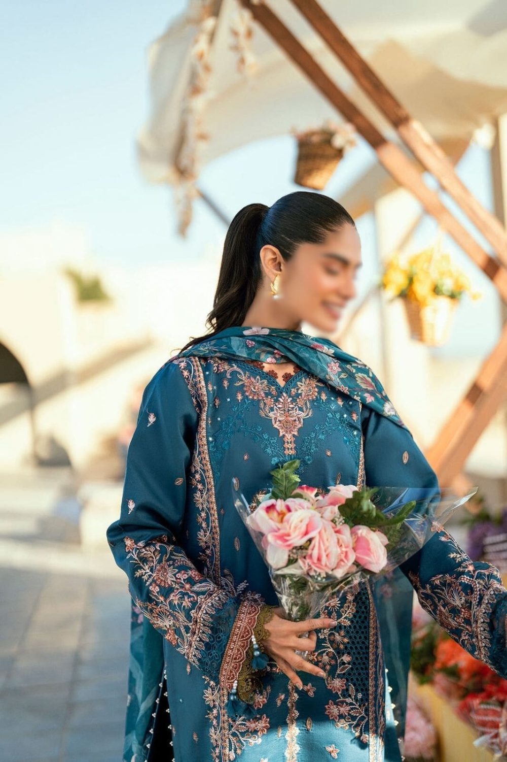 Florent – Blue 3pc Unstitched Dhanak Suit with Heavy Embroidery - Image 3