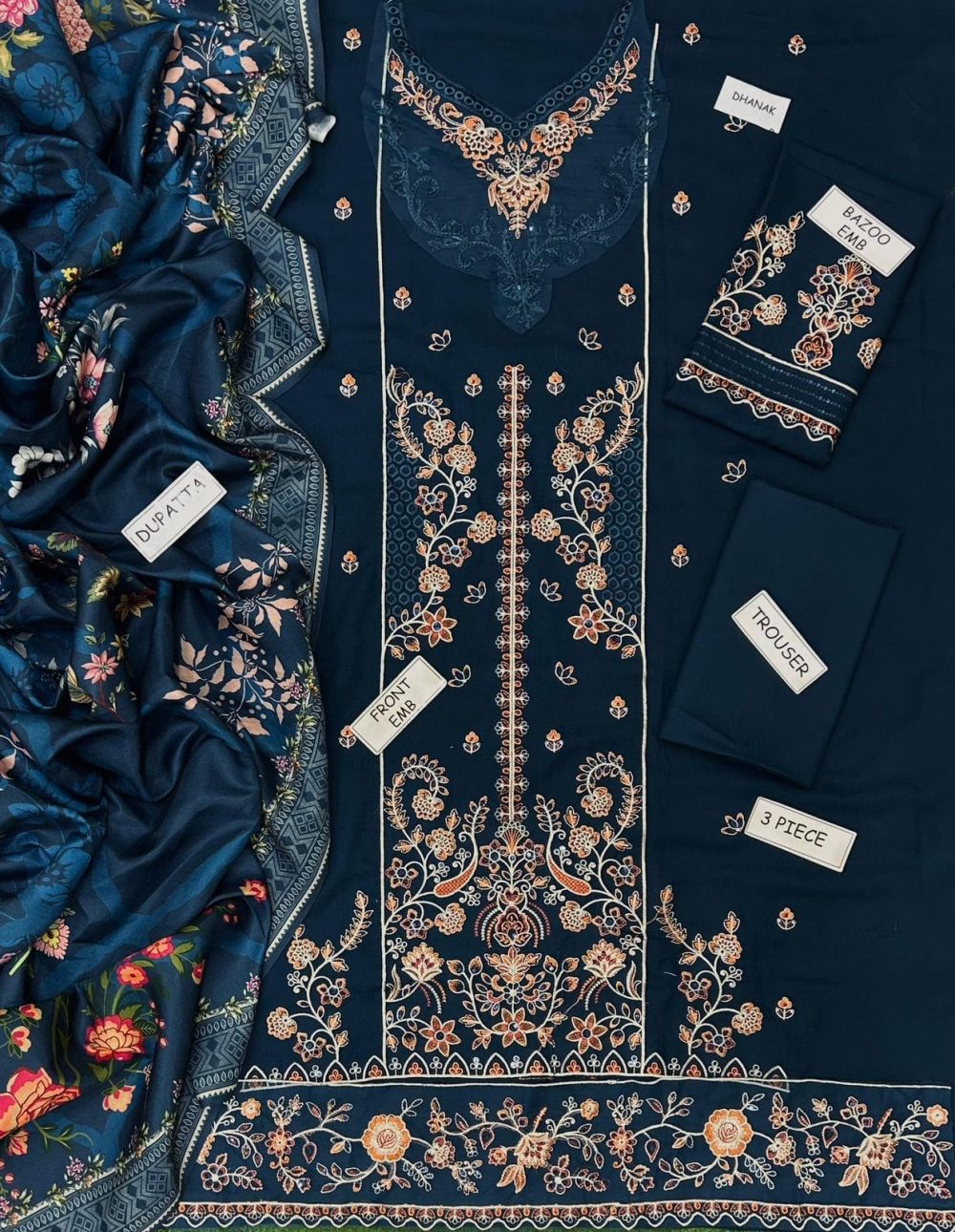 Florent – Blue 3pc Unstitched Dhanak Suit with Heavy Embroidery - Image 2