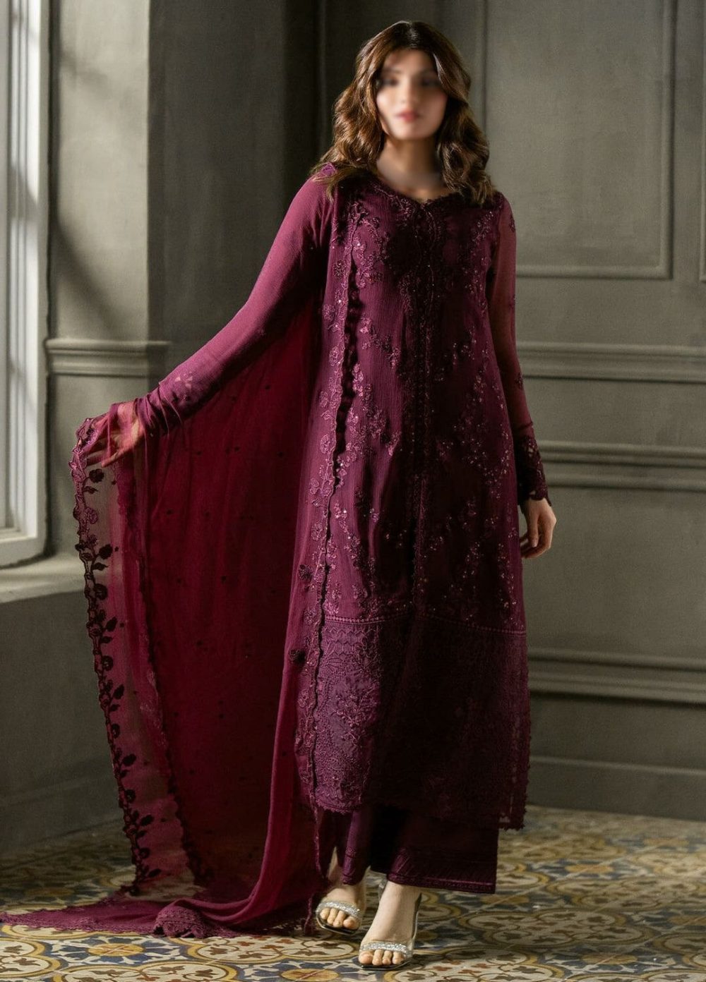 Luxury 3pc Chiffon Suit with Sequins Embroidery & Raw Silk