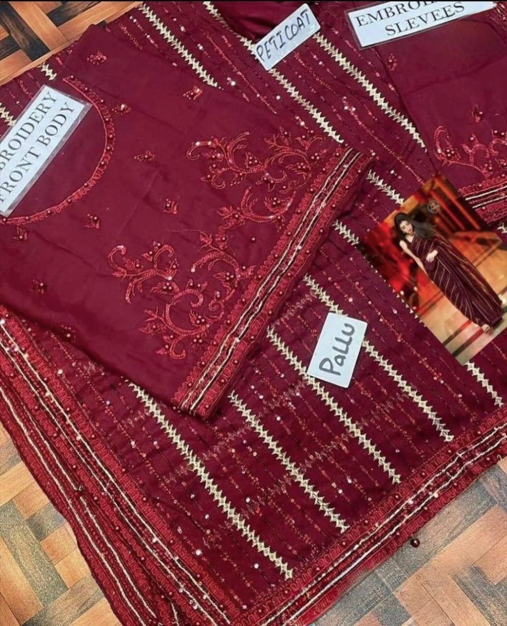 Maroon Embroidered Chiffon Saree with Pearl Work - Image 2