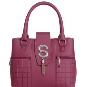 Maroon ladies handbag with crystal S charm, tassel, and textured design