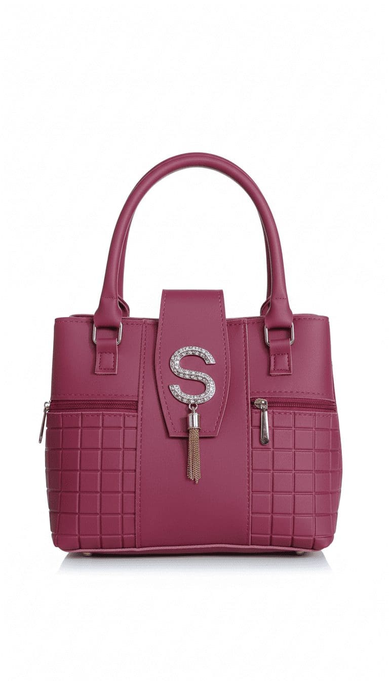 Maroon ladies handbag with crystal S charm, tassel, and textured design