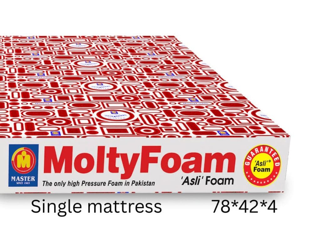 MoltyFoam single comfort mattress with printed design, available in 1 and 2 piece options.