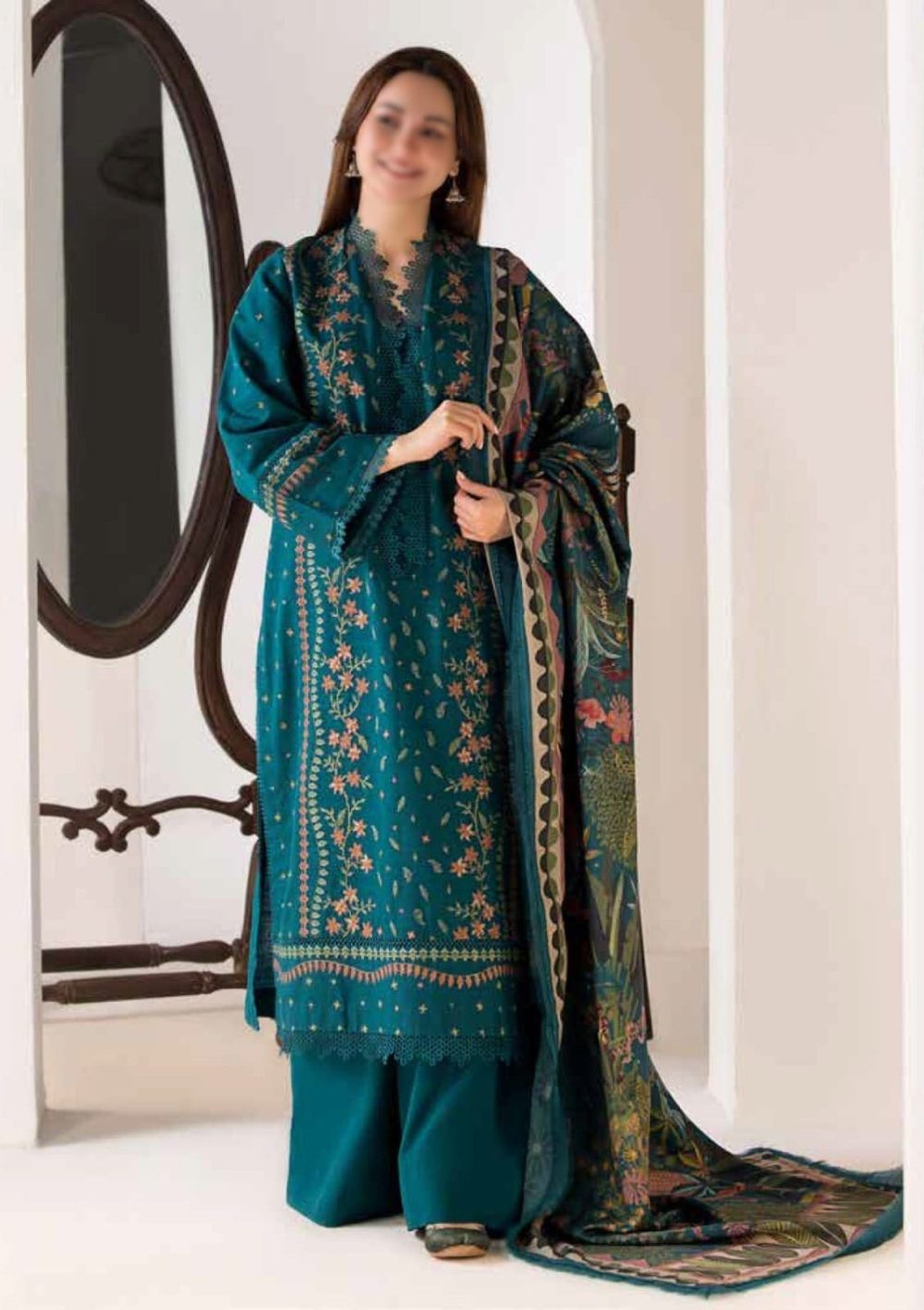 MOTIFZ Premium Dhanak Embroidered 3 Piece Suit with Twill Pashmina Shawl