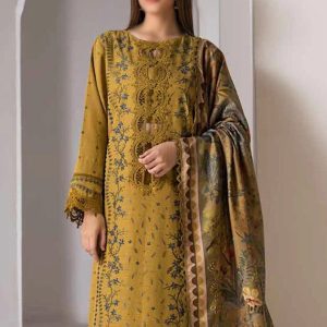 MOTIFZ Yellow Embroidered Dhanak 3 Piece Suit with Pashmina Shawl Front View