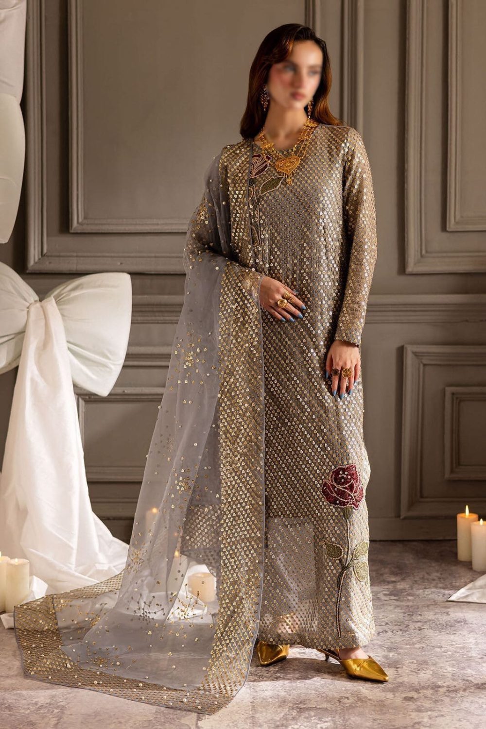 Nureh Midnight embroidered chiffon unstitched 3 piece suit with organza dupatta and shamoz silk trouser