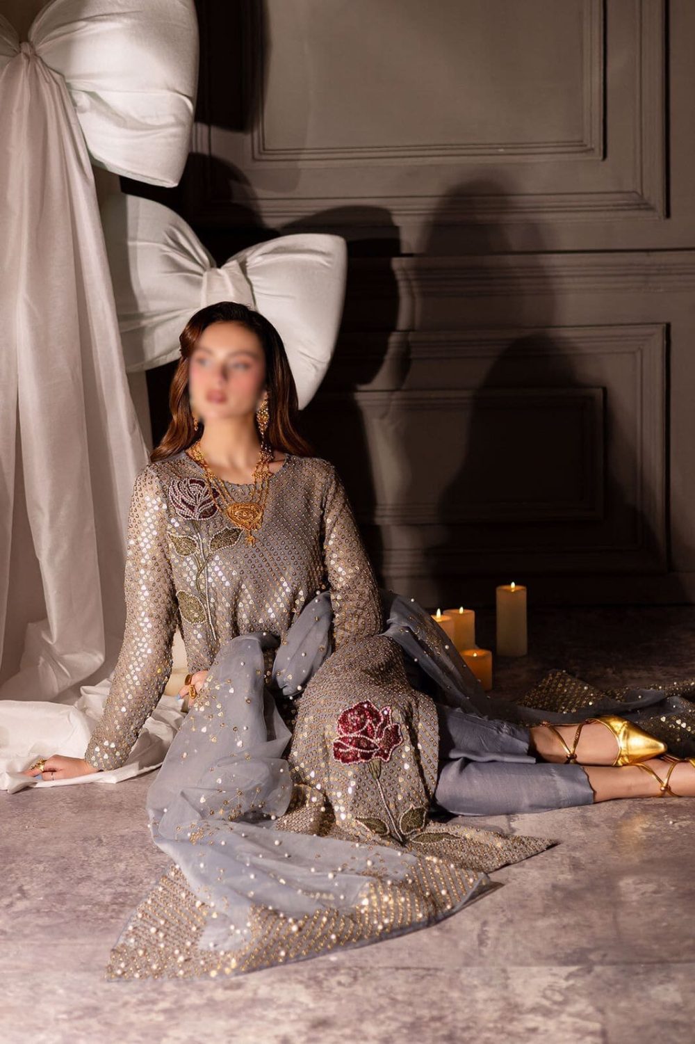 Nureh Midnight Embroidered Chiffon 3 Piece Suit - Image 2