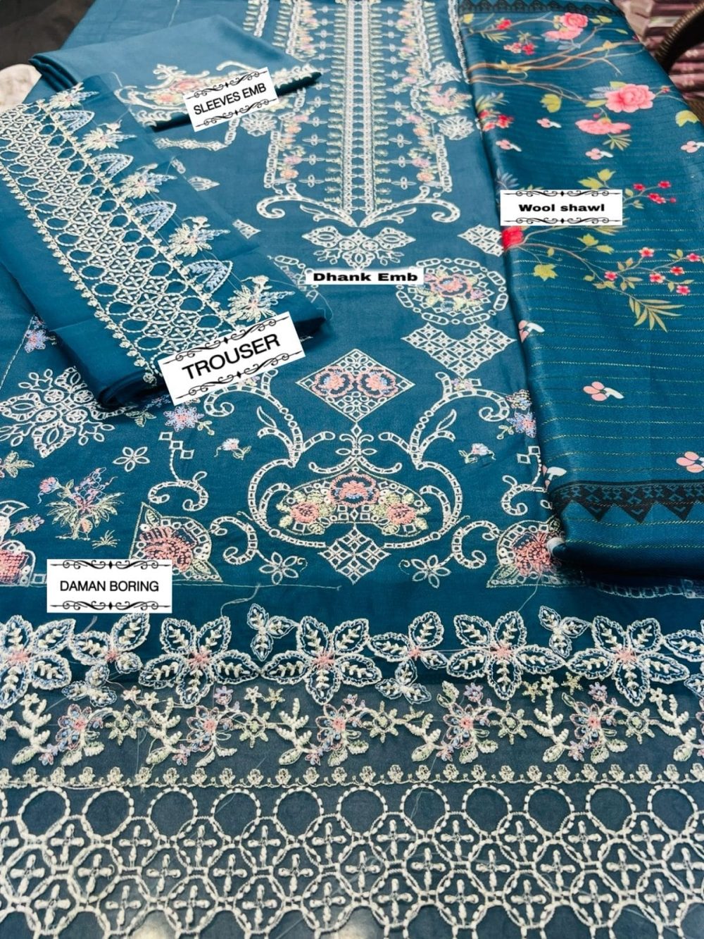 Unstitched Qalamkar 3pc Dhanak Suit Code 25-B with Embroidery