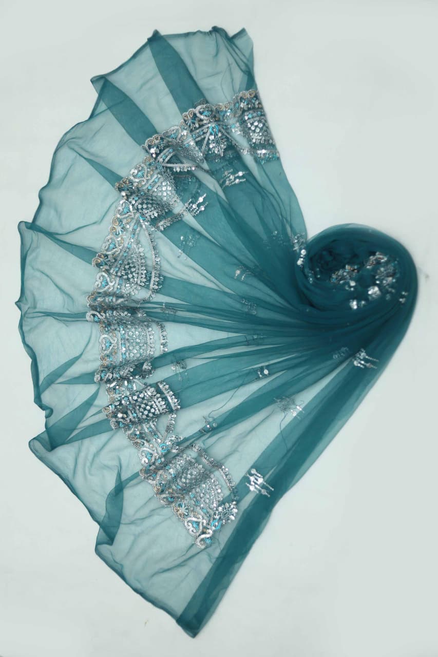 Sea Green 3pc Organza Suit with Sequins Embroidery - Image 3