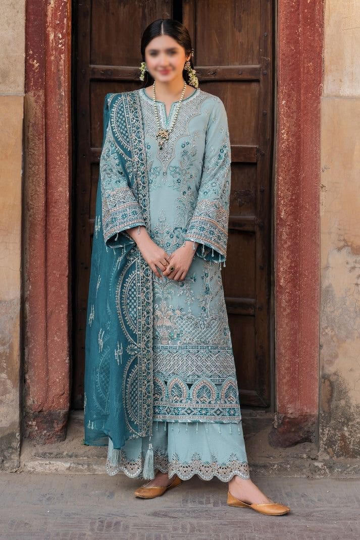 Luxury Unstitched Sea Green Organza 3-piece Suit
