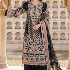 Black embroidered organza suit with sequins work, cutwork dupatta, and silk trouser for weddings and parties