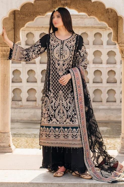 Black embroidered organza suit with sequins work, cutwork dupatta, and silk trouser for weddings and parties