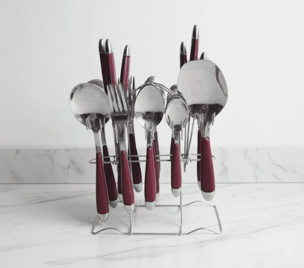 29 pcs stainless steel cutlery set maroon handle