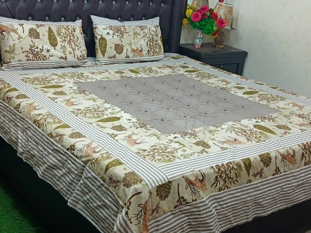Cream Patch Work cotton satin Bedsheet