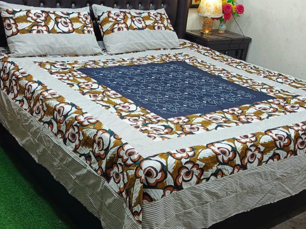 Golden Blue Patch Work King size Bedsheet