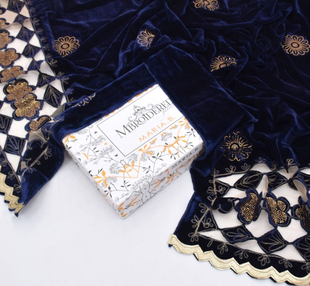 Maria B Fancy Wedding Velvet Shawl – Embellished Cutwork Stone Design - Image 3