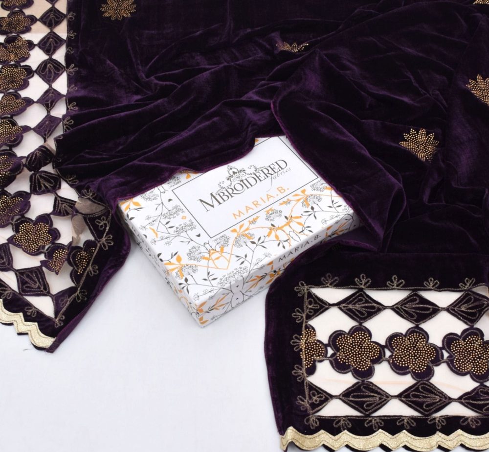 Maria B Fancy Wedding Velvet Shawl – Embellished Cutwork Stone Design - Image 4