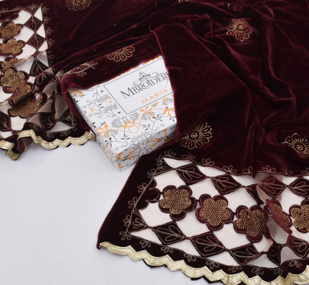 Maria B Fancy Wedding Velvet Shawl – Embellished Cutwork Stone Design - Image 6