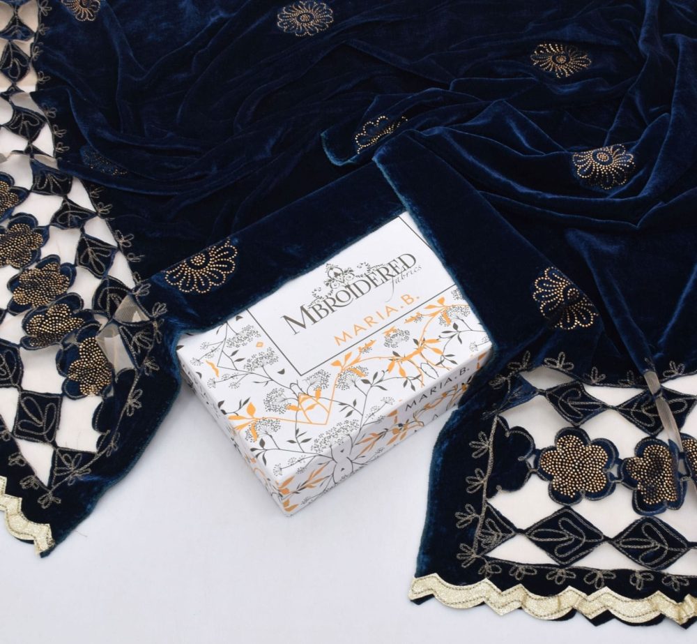 Maria B Fancy Wedding Velvet Shawl – Embellished Cutwork Stone Design - Image 7