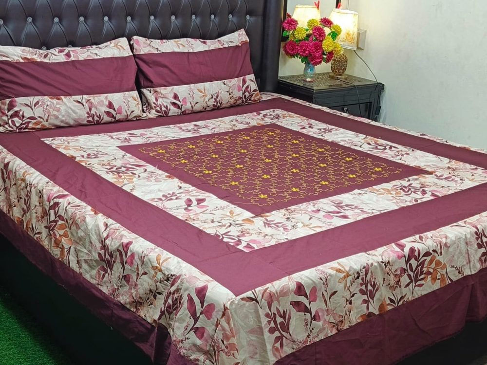 Maroon Patch Work Cotton Satin Bedsheet