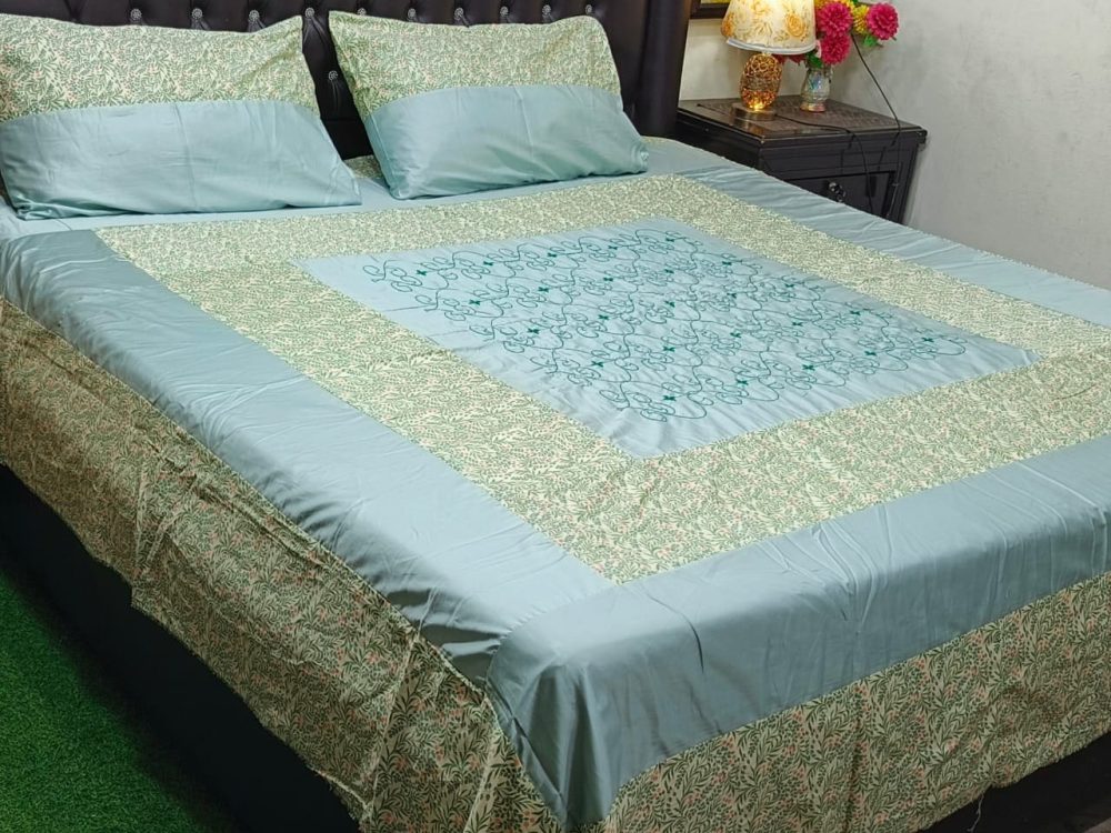 Sky Blue Patch Work Cotton Satin Bedsheet