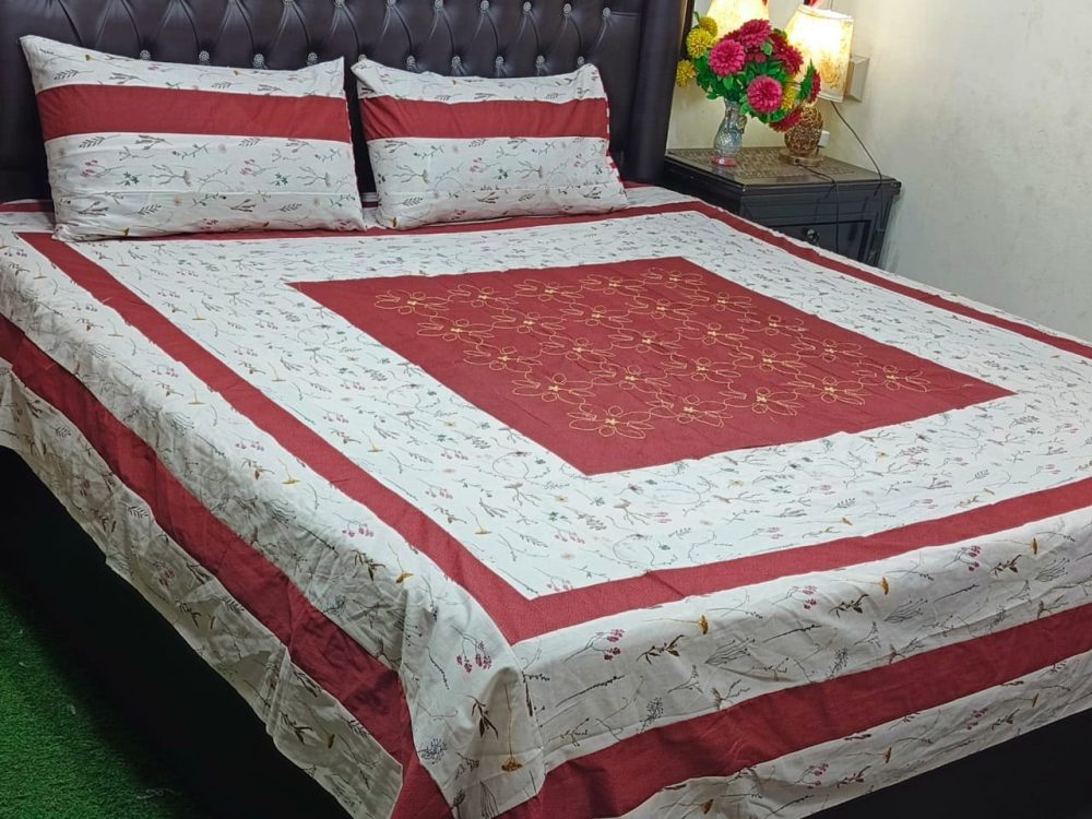 White Red Patch Work Cotton Satin Bedsheet