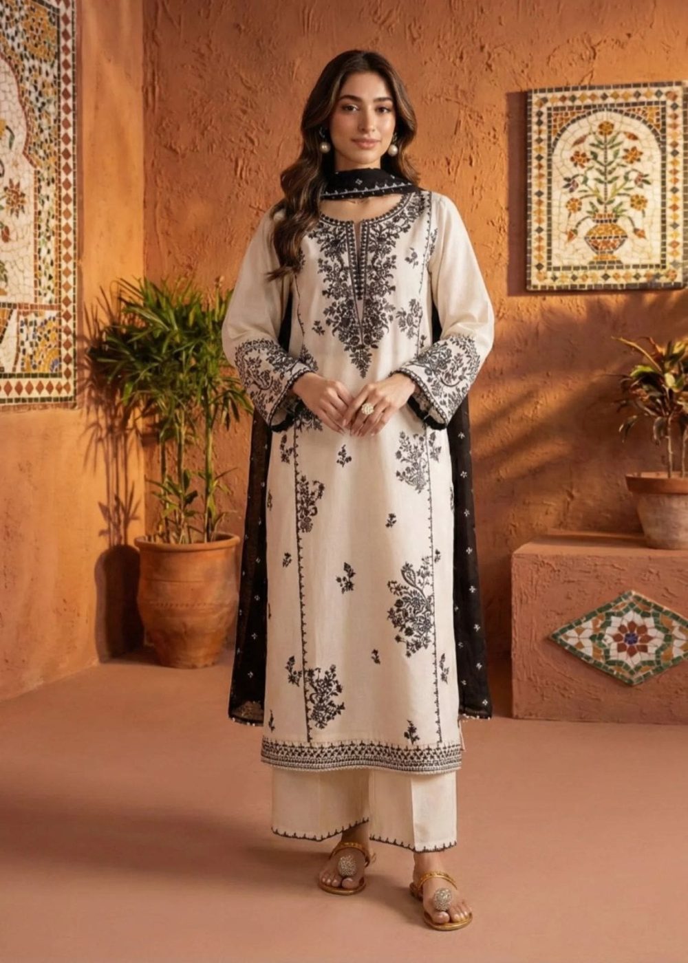 Batik 3 Piece Embroidered Lawn Suit Chiffon Dupatta Design 4053