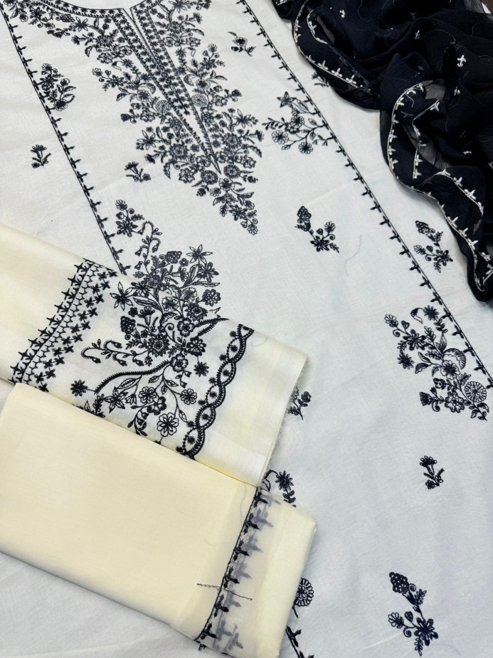 Batik 3 Piece Embroidered Lawn Suit Chiffon Dupatta Design 4053 - Image 5