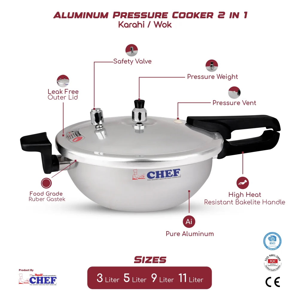 CHEF Pressure Cooker Karahi with Glass Lid 3-in-1 - Image 2