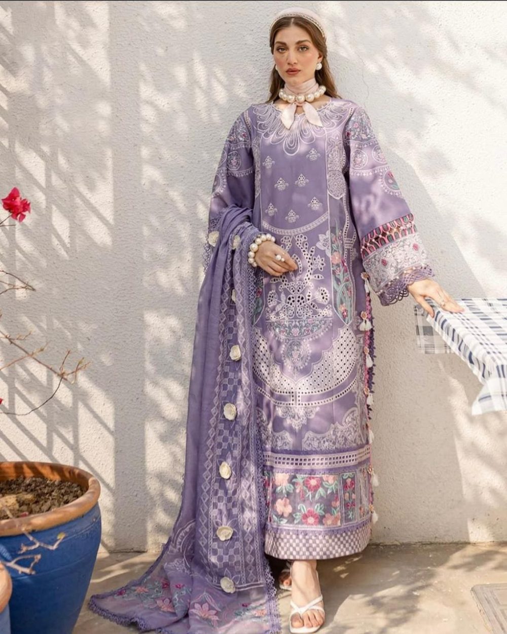 Bin Ilyas Purple Embroidered Cotton Suit with Organza Dupatta – 3PC