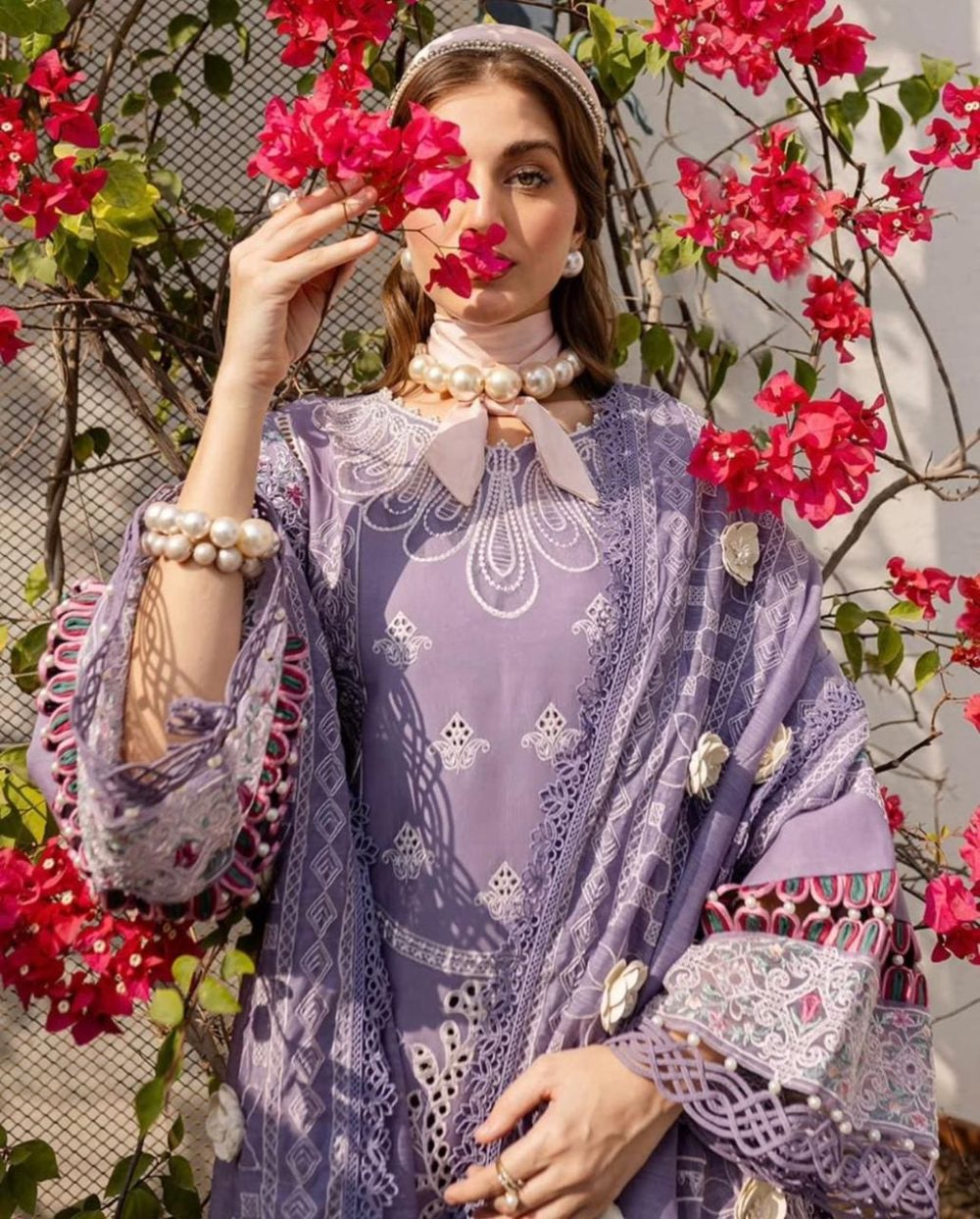Bin Ilyas Purple Embroidered Cotton Suit with Organza Dupatta – 3PC - Image 2