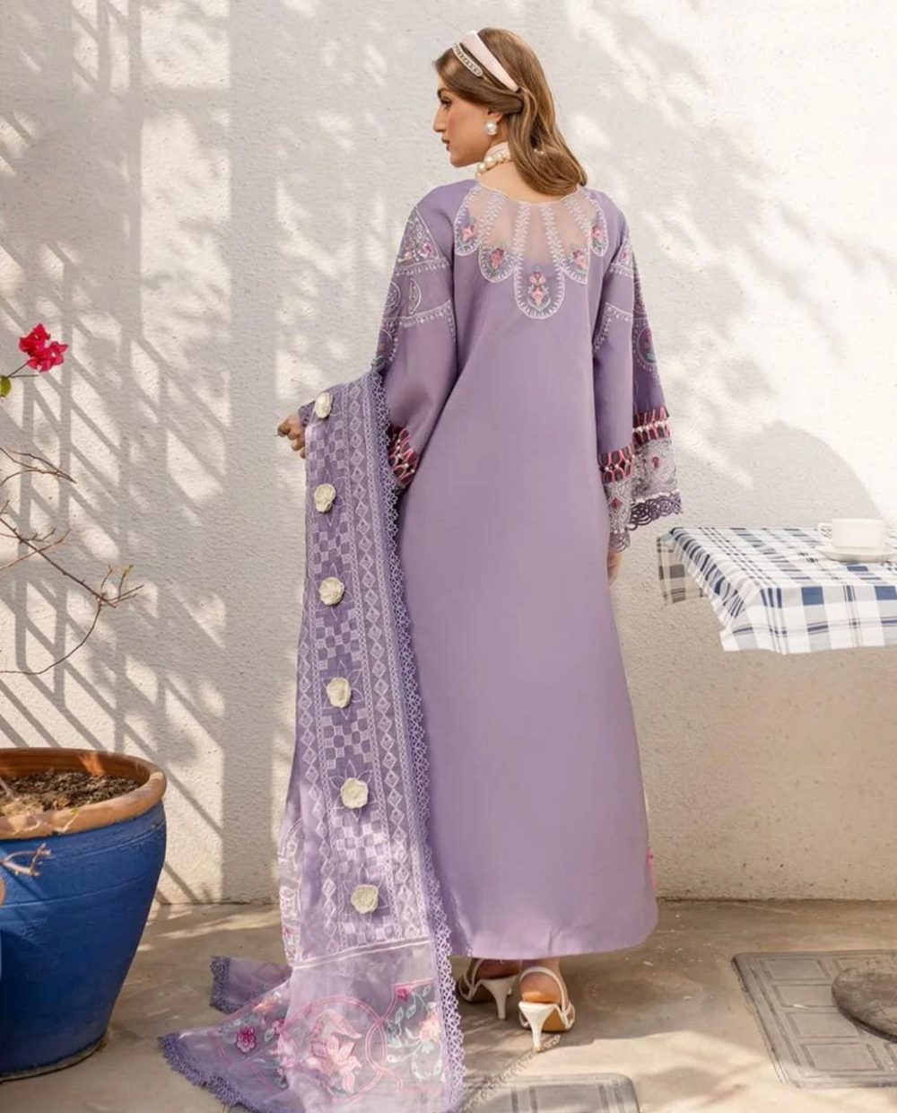 Bin Ilyas Purple Embroidered Cotton Suit with Organza Dupatta – 3PC - Image 3