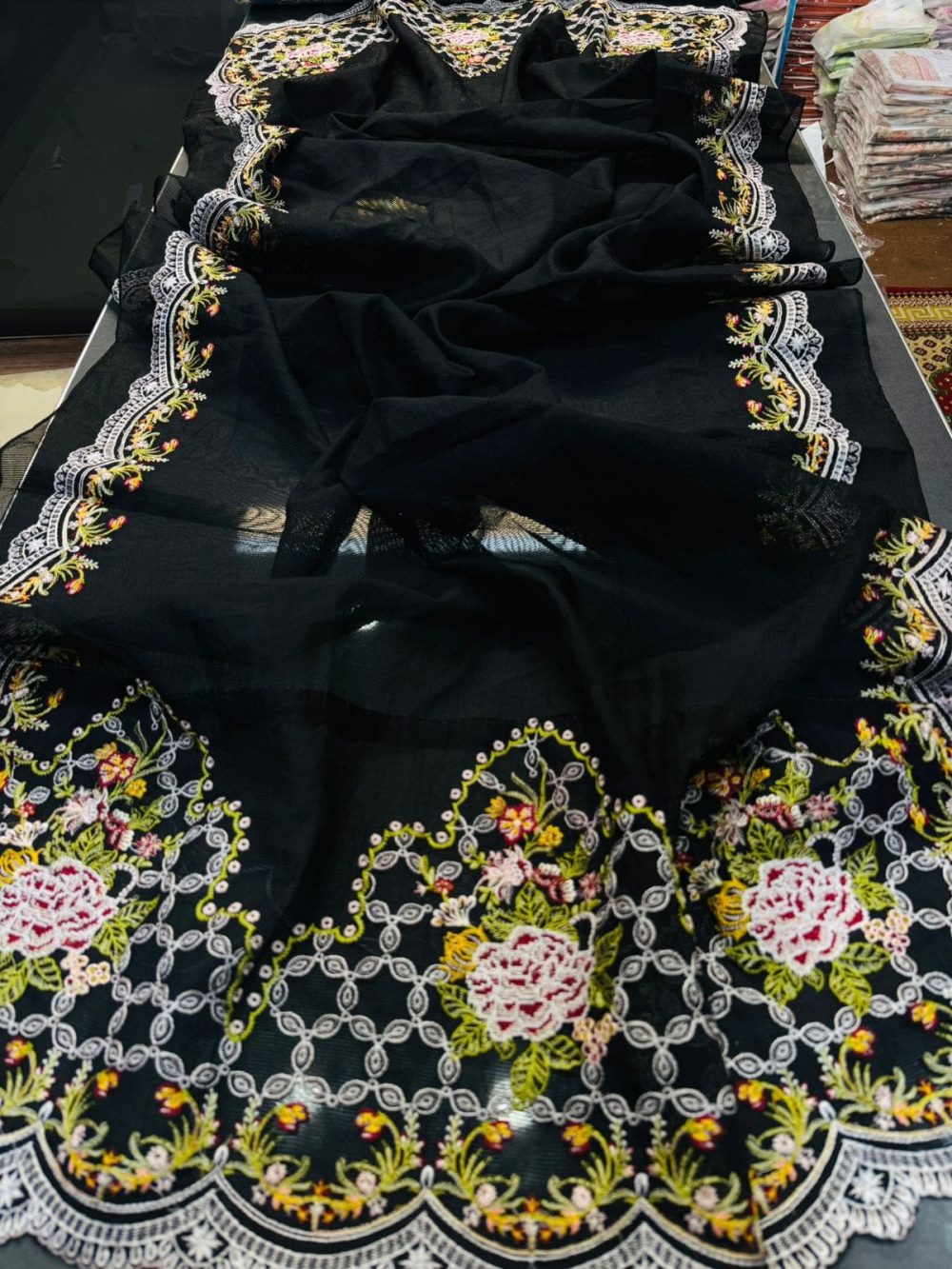 Qalamkar 3 Piece Embroidered Lawn Suit Khaadi Net Dupatta Code 4003 - Image 5