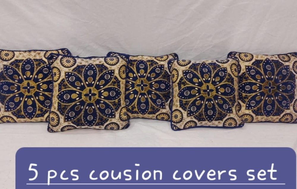 5 Pcs Blue Velvet Jacquard Cushion Covers Set With Zip Closure