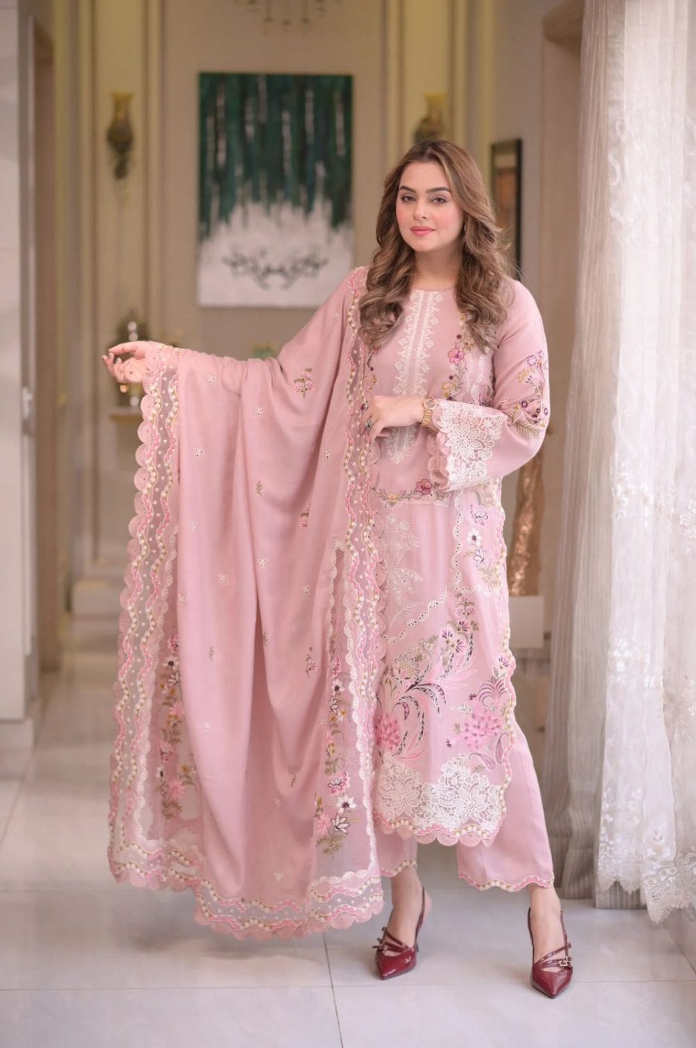 Aneelas Pink 3 Piece Embroidered Lawn Suit With Bamber Chiffon Dupatta