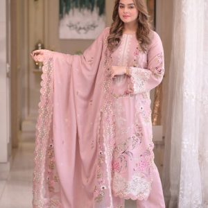 Aneelas Pink 3 Piece Embroidered Lawn Suit With Bamber Chiffon Dupatta
